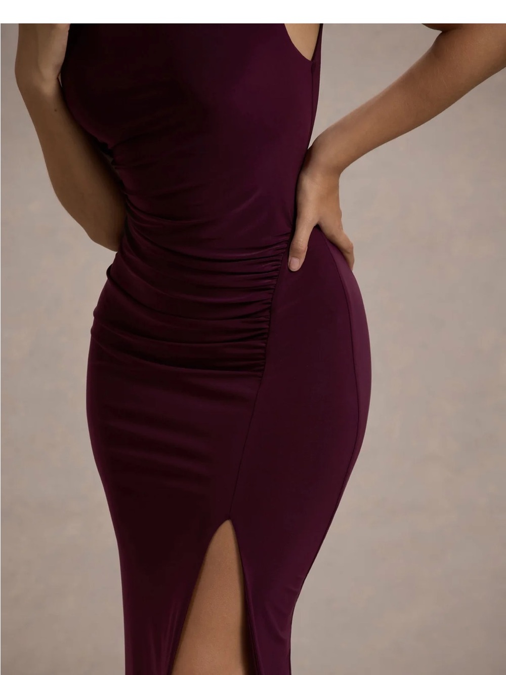 Club London Maxi High Neck Goen with Ruched bodice and slit - Picture 5 of 7